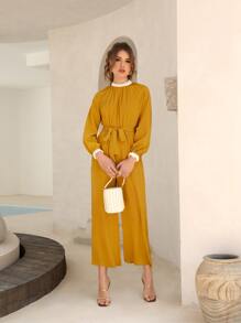 Mulvari Áo liền quần nữ Thắt lưng Tương phản ren Túi màu trơn Thanh lịch - Màu vàng - Xem 6