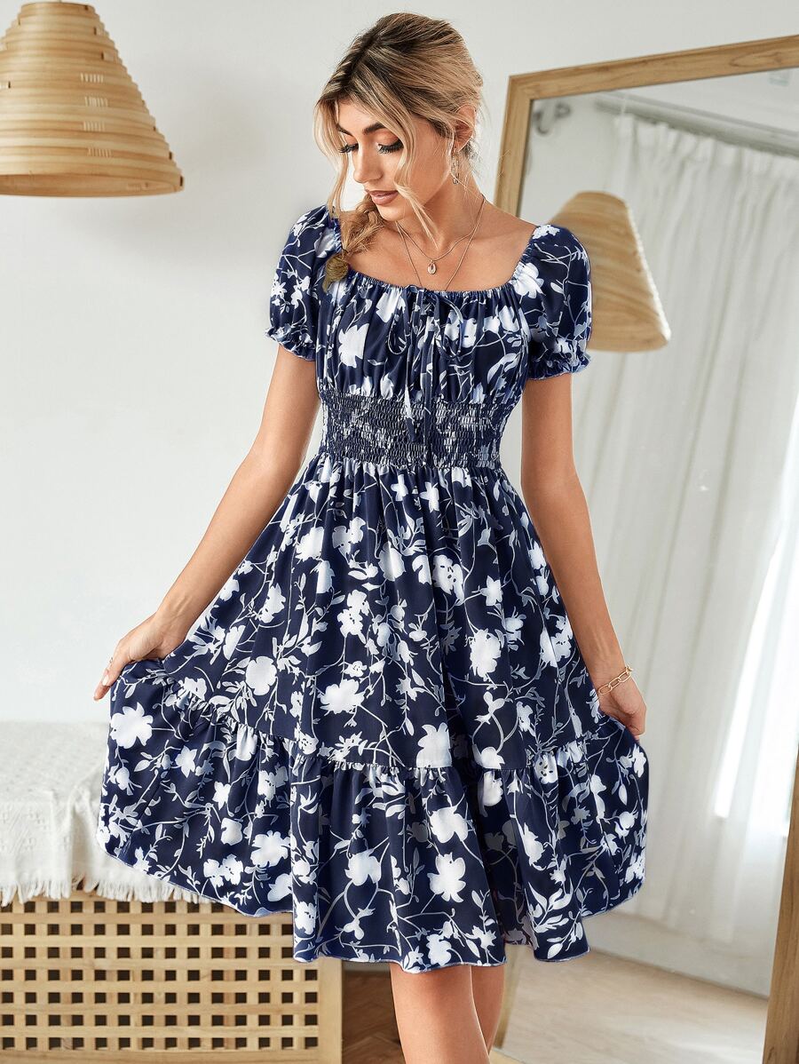 Chiquease Vestido con estampado floral con cordón delantero bajo con fruncido