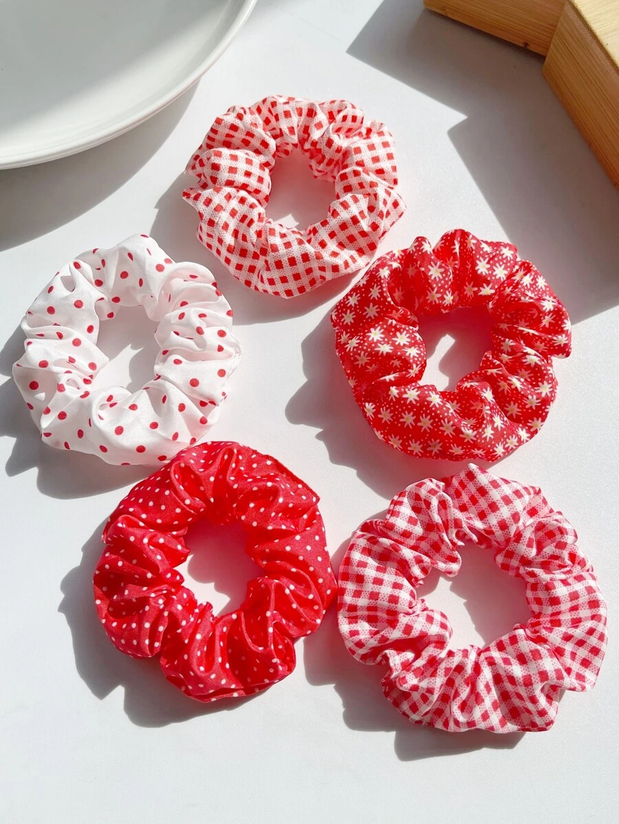 5 piezas Scrunchies para el cabello de mujer de 9 cm/3.54 pulgadas con estampado de lunares, cuadros y flores rojas, accesorios de moda versátiles, elegantes y minimalistas de alta gama, adecuados para uso diario casual, fiestas, viajes, playa, coleta, moño, lavado de cara, maquillaje y atuendo
