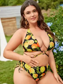 加大碼水果印花O形環束邊三角比基尼套裝，夏季海灘必備 - 彩色 - 查看 1