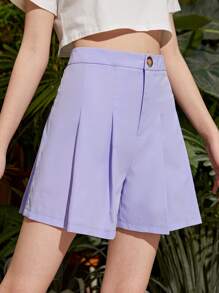 SHEIN Teen Girls Fold Pleated Solid Shorts - Lilac Purple - View 4