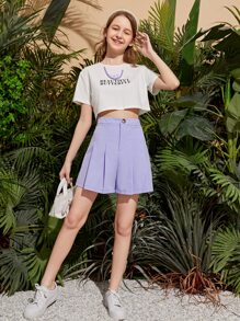 SHEIN Teen Girls Fold Pleated Solid Shorts - Lilac Purple - View 5