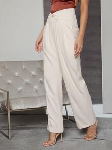 SHEIN Asymmetrical Waist Wide Leg Trousers - White - View 4