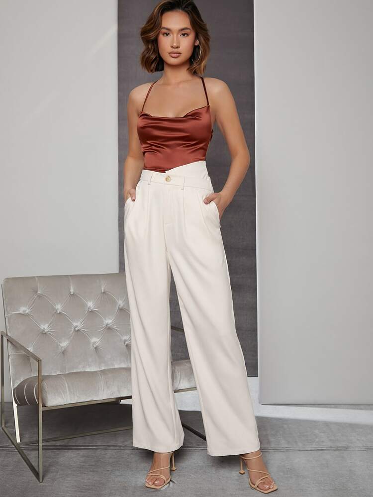 SHEIN 不對稱腰闊腿褲 - 白色 - 查看 5