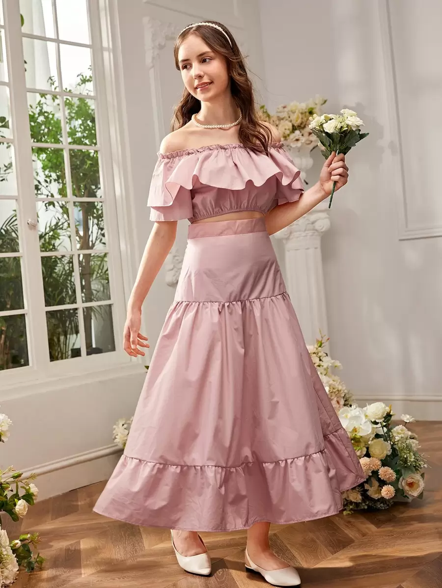SHEIN Teen Girls Ruffle Trim Bardot Top & Flounce Hem Skirt Set - Baby Pink - View 1