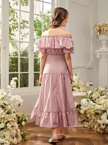 SHEIN Teen Girls Ruffle Trim Bardot Top & Flounce Hem Skirt Set - Baby Pink - View 2