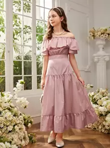 SHEIN Teen Girls Ruffle Trim Bardot Top & Flounce Hem Skirt Set - Baby Pink - View 3