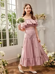 SHEIN Teen Girls Ruffle Trim Bardot Top & Flounce Hem Skirt Set - Baby Pink - View 4