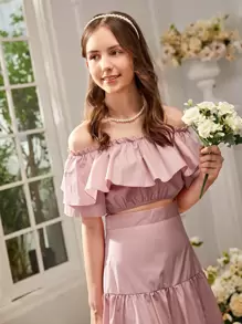 SHEIN Teen Girls Ruffle Trim Bardot Top & Flounce Hem Skirt Set - Baby Pink - View 5