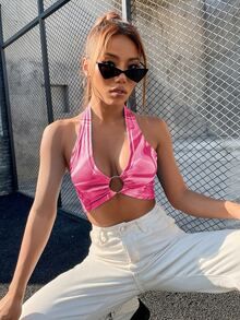 Marble Print Ring Front Crop Halter Top - Pink - View 4