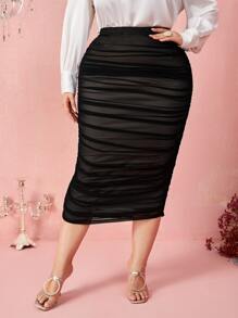 SHEIN Privé Váy Plus Size Xù màu trơn Thanh lịch - màu đen - Xem 2