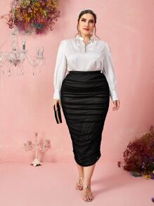 SHEIN Privé Váy Plus Size Xù màu trơn Thanh lịch - màu đen - Xem 4