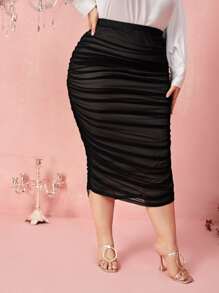 SHEIN Privé Váy Plus Size Xù màu trơn Thanh lịch - màu đen - Xem 5