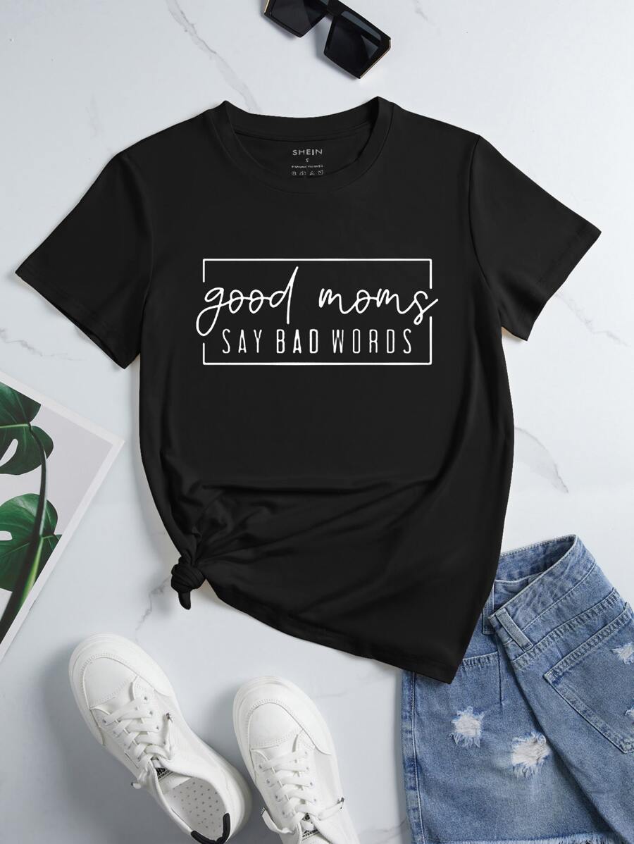 INAWLY Slogan Graphic Tee Good Moms SAY BAD WORDS - Black - View 1