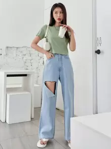 DAZY Camiseta corta de punto acanalado sólido, estilo preppy - verde menta - Ver 3