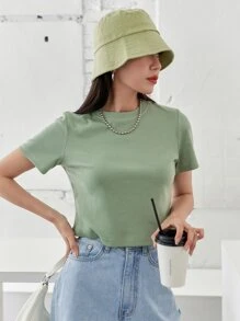 DAZY Camiseta corta de punto acanalado sólido, estilo preppy - verde menta - Ver 4