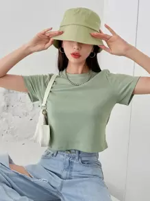 DAZY Camiseta corta de punto acanalado sólido, estilo preppy - verde menta - Ver 8