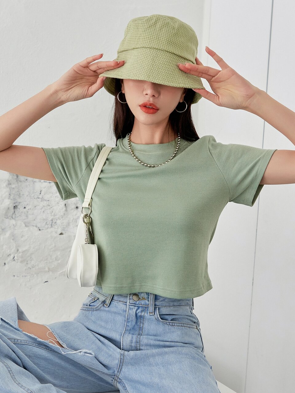 Solid Rib-Knit Crop Tee Preppy Tops