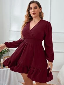 Modelyn Burgundy Red Plus Swiss Dot Surplice Neck Shirred Ruffle Hem Dress - Burgundy - View 1