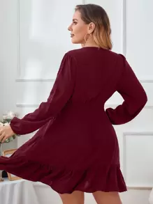 Modelyn Burgundy Red Plus Swiss Dot Surplice Neck Shirred Ruffle Hem Dress - Burgundy - View 2