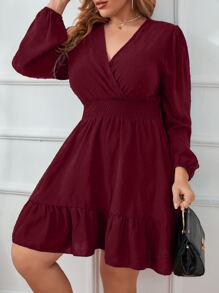 Modelyn Burgundy Red Plus Swiss Dot Surplice Neck Shirred Ruffle Hem Dress - Burgundy - View 3