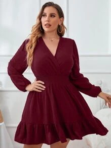Modelyn Burgundy Red Plus Swiss Dot Surplice Neck Shirred Ruffle Hem Dress - Burgundy - View 4