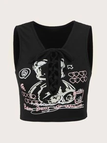 ROMWE Top tank con estampado de dibujos animados con cordón - Negro - Ver 1