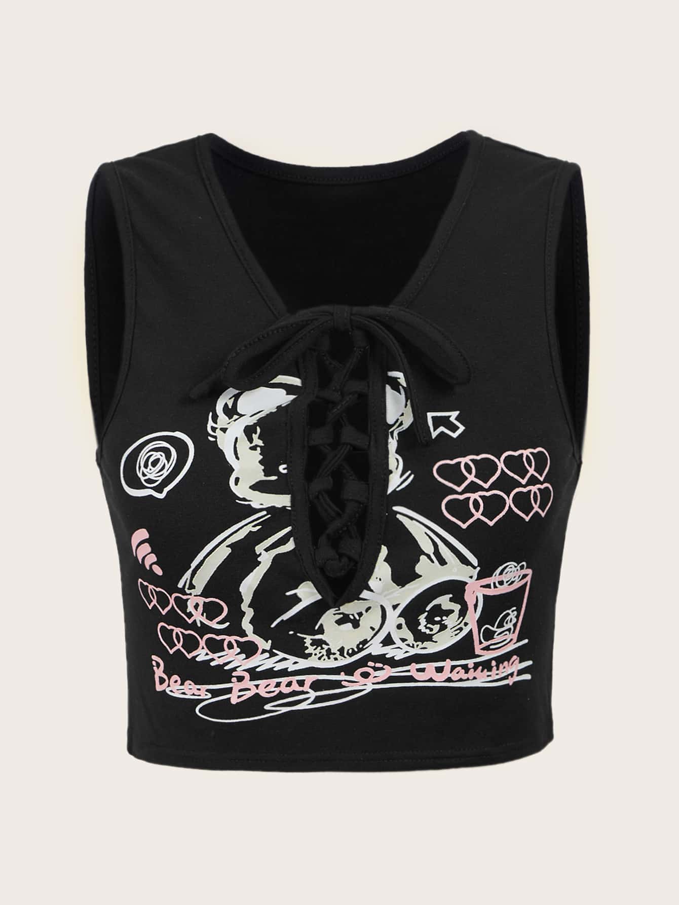 ROMWE Top tank con estampado de dibujos animados con cordón - Negro - Ver 1