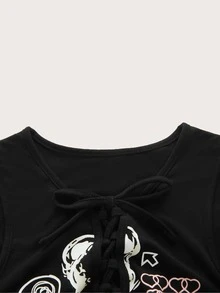 ROMWE Top tank con estampado de dibujos animados con cordón - Negro - Ver 4