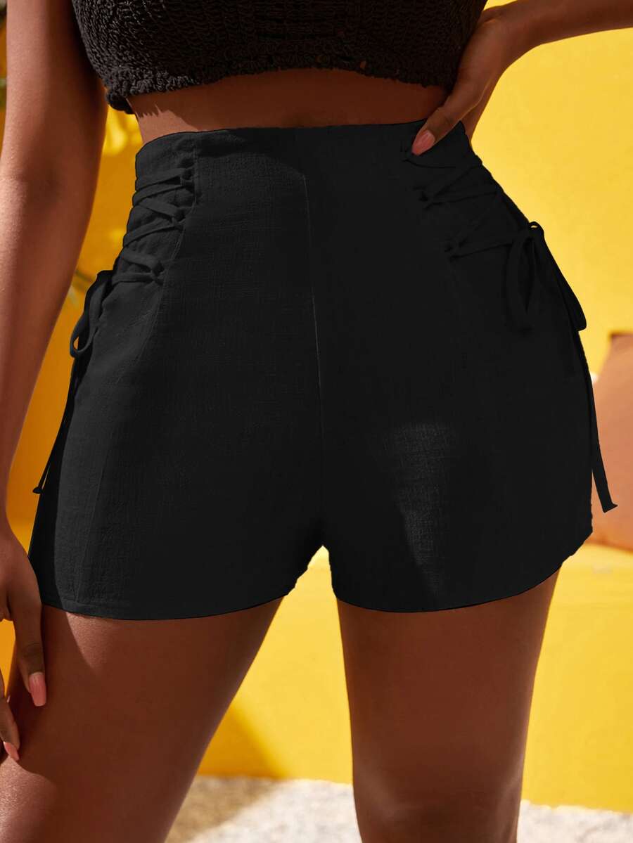 Solid Side Lace Up High Waist Shorts - Black - View 1