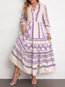 Mulvari Vestido con estampado geométrico de manga farol bajo con fruncido - Multicolor - Ver 1