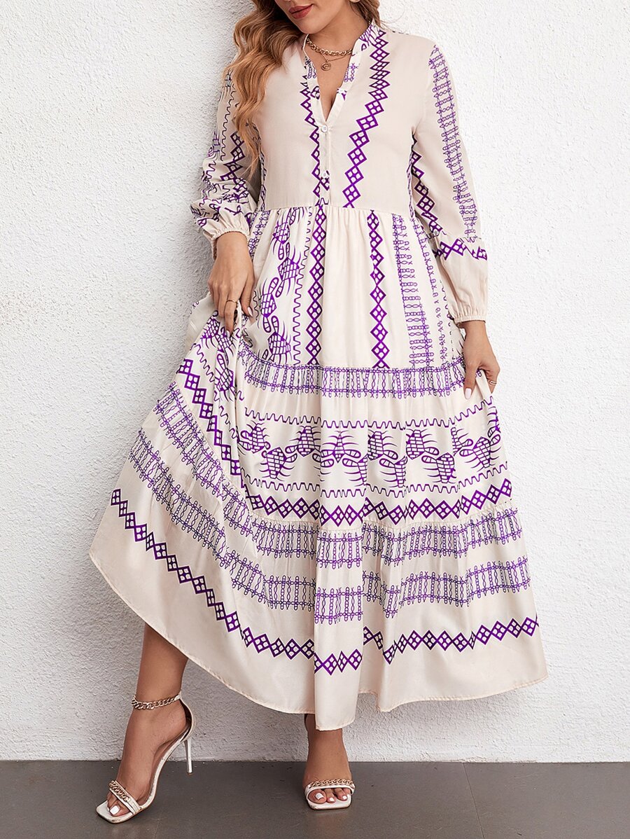 Mulvari Vestido con estampado geométrico de manga farol bajo con fruncido - Multicolor - Ver 1