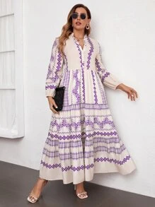 Mulvari Vestido con estampado geométrico de manga farol bajo con fruncido - Multicolor - Ver 3