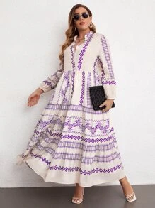 Mulvari Vestido con estampado geométrico de manga farol bajo con fruncido - Multicolor - Ver 4