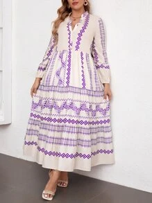 Mulvari Vestido con estampado geométrico de manga farol bajo con fruncido - Multicolor - Ver 5