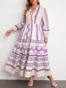 Mulvari Vestido con estampado geométrico de manga farol bajo con fruncido - Multicolor - Ver 6