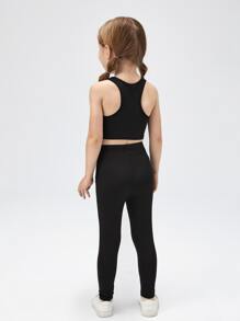 SHEIN Young Girl Racerback Crop Tank Top & Leggings - Black - View 2
