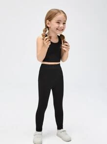 SHEIN Young Girl Racerback Crop Tank Top & Leggings - Black - View 5