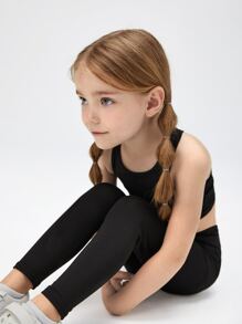 SHEIN Young Girl Racerback Crop Tank Top & Leggings - Black - View 6