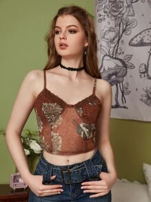 ROMWE Top de tirantes con estampado floral ribete con encaje - Marrón - Ver 1