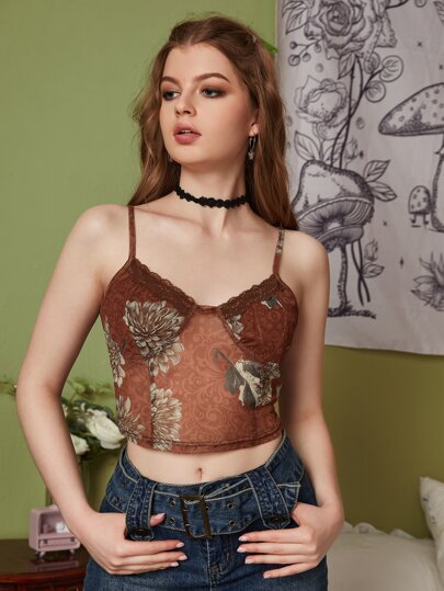 ROMWE Floral Print Lace Trim Cami Top