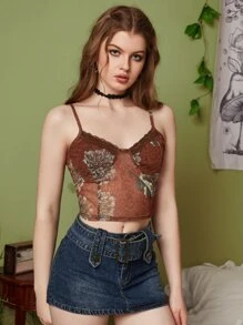 ROMWE Top de tirantes con estampado floral ribete con encaje - Marrón - Ver 4