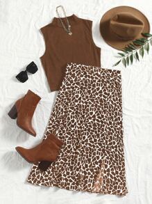 Trelyra Solid Mock Neck Tank Top & Allover Print Skirt