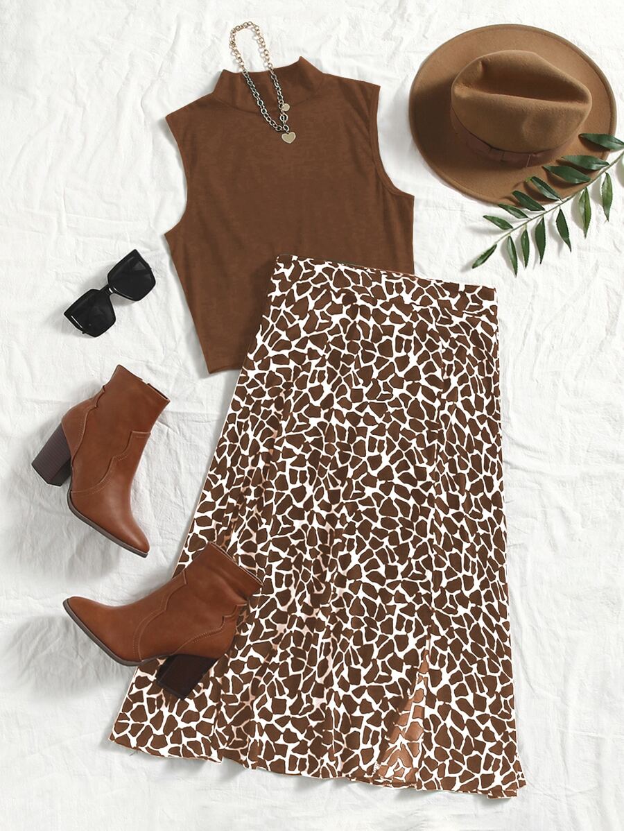 Trelyra Solid Mock Neck Tank Top & Allover Print Skirt