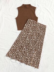 Trelyra Solid Mock Neck Tank Top & Allover Print Skirt