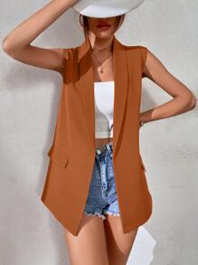 SHEIN Essnce Solid Shawl Neck Vest Blazer - Brown - View 3
