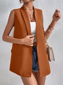SHEIN Essnce Solid Shawl Neck Vest Blazer - Brown - View 4