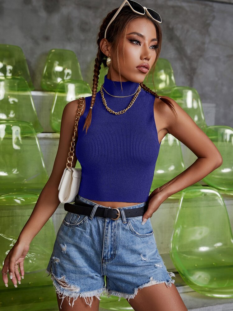 SHEIN Essnce ハイネック リブニット ノースリーブ クロップトップ