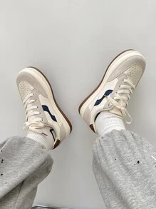 撞色前綁帶板鞋,淺褐色競技撞色女士休閒運動鞋 - 米色 - 查看 2