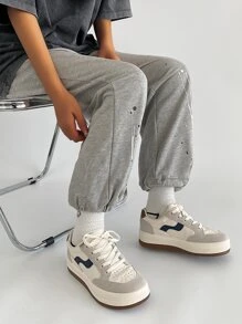 撞色前綁帶板鞋,淺褐色競技撞色女士休閒運動鞋 - 米色 - 查看 4